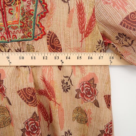 Zara Dress Tan Leaf Floral Pattern Nude Beige Bell Sleeve Embroidered Neckline M - Picture 7 of 12